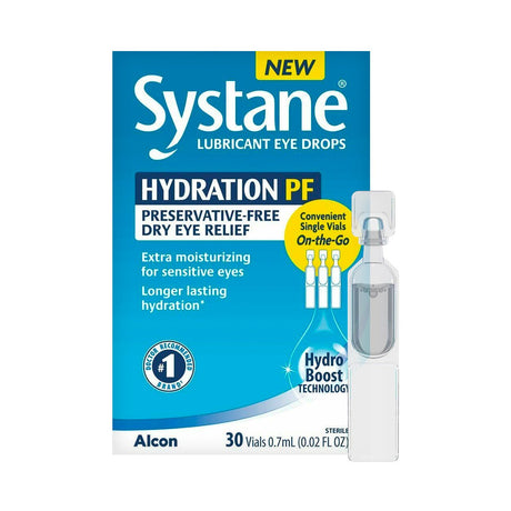 The packaging of Alcons Systane Hydration Preservative-Free Lubricant Eye Drops highlights preservative-free dry eye relief and extra moisturizing with sodium hyaluronate. It includes an image of a convenient single-use 0.7 ml vial, with the box containing 30 vials.