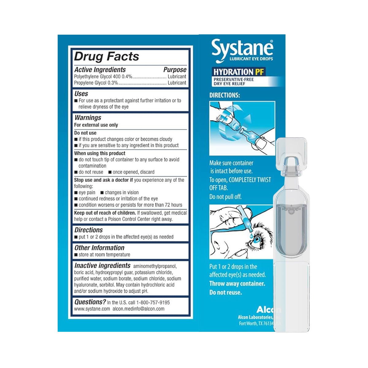 Image of Alcons Systane Hydration Preservative-Free Lubricant Eye Drops 30ct Vials packaging. The label details drug facts, active ingredients like sodium hyaluronate, directions for use, and warnings. An illustration shows application with a single-use vial displayed on the right.