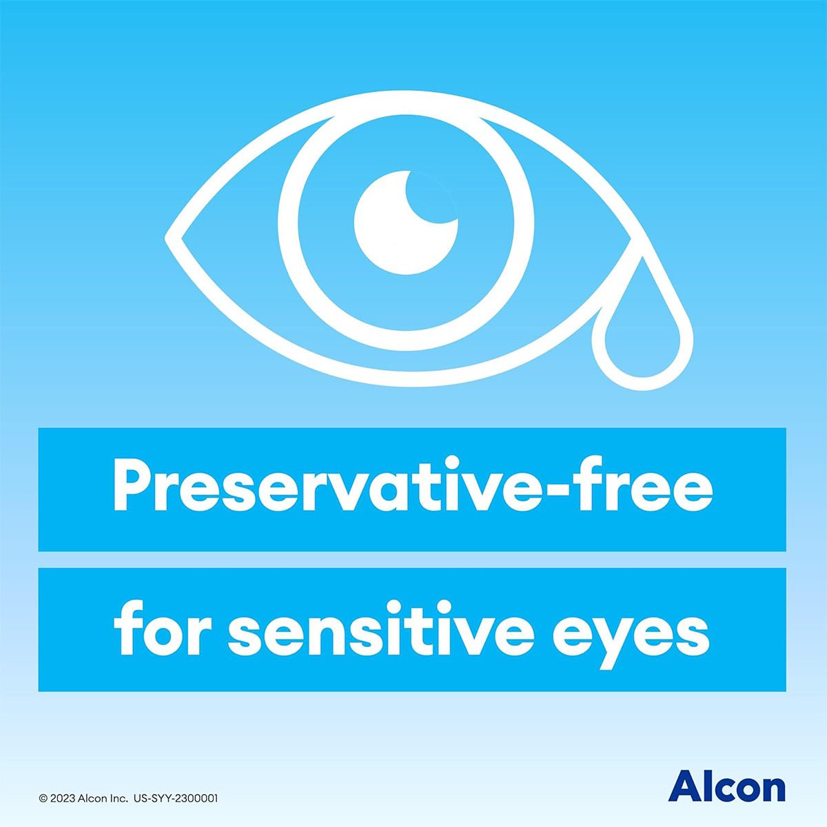 An illustration of an eye with a teardrop icon above Preservative-Free Eye Drops for sensitive eyes on a blue background. Enriched with sodium hyaluronate, offering lasting relief. The Systane Hydration logo appears in the bottom right corner beside the Alcon emblem.