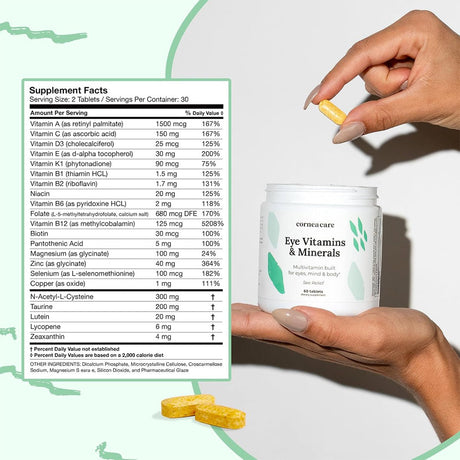 A person holds yellow oblong CorneaCare Multivitamin for Eyes, Mind and Body supplements above an open white container. To the left, a green-tinted chart displays supplement facts, including vitamins A, C, E amounts, serving size, and daily values.
