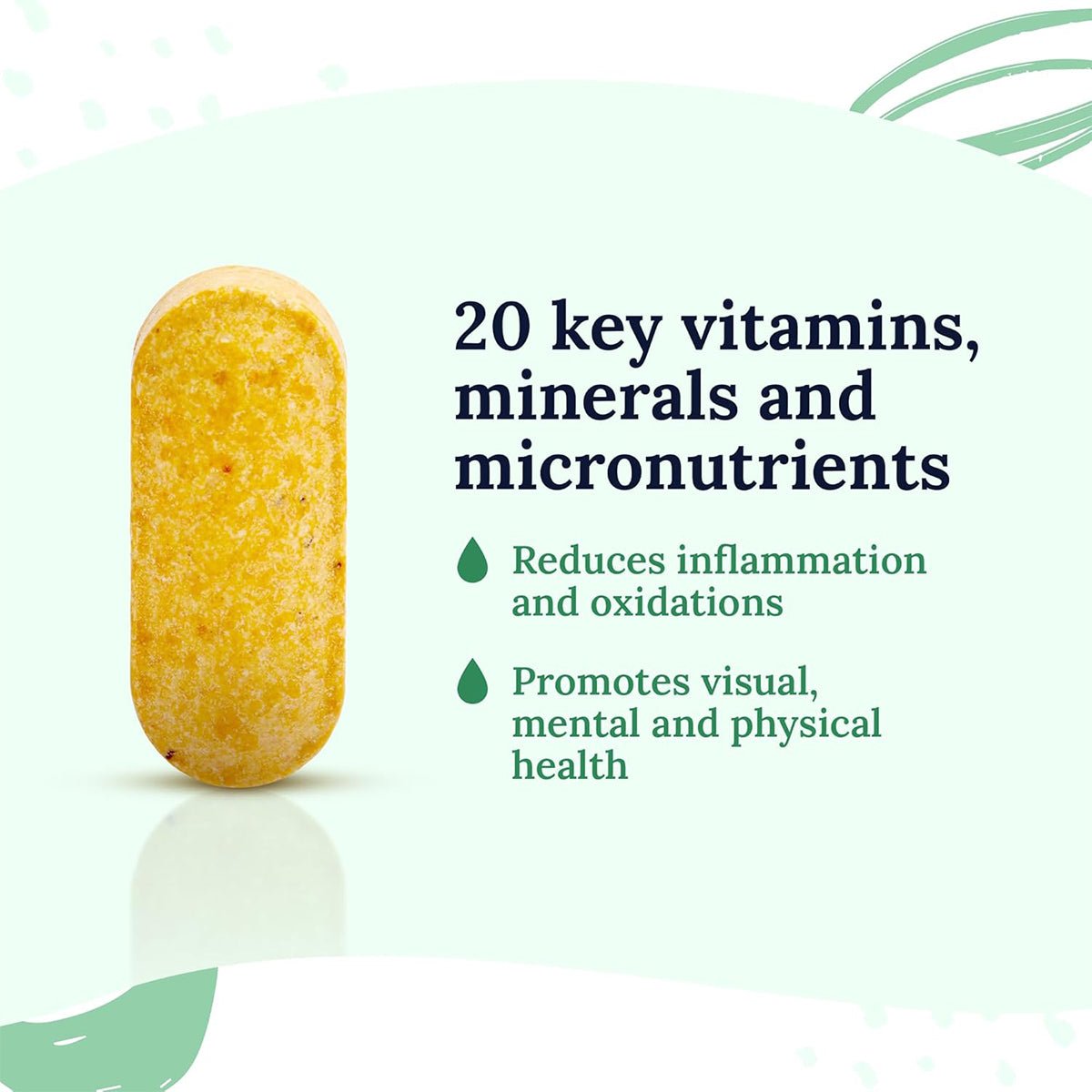 Image of a yellow pill on a mint green background with abstract green shapes, featuring the text: CorneaCare Multivitamin for Eyes, Mind and Body supports visual health with 20 essential vitamins, minerals, and micronutrients. Reduces inflammation and promotes overall well-being.