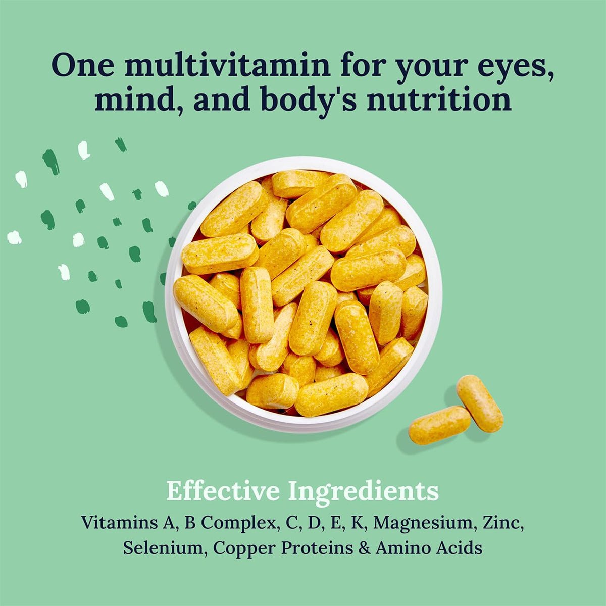 A bowl of yellow CorneaCare Multivitamins for Eyes, Mind and Body sits against a green backdrop. Text above says, One multivitamin for visual health, mind, and bodys nutrition. Ingredients include Vitamins A, B, C, D, E, K along with various minerals.