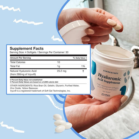 A person holds an open container of CorneaCare Hyaluronic Acid Supplement for Eyes and Skin (120ct - 1 Month Supply). The label highlights anti-aging benefits with 25.2 mg of natural hyaluronic acid per serving, and some ingredients are visible alongside the softgels.
