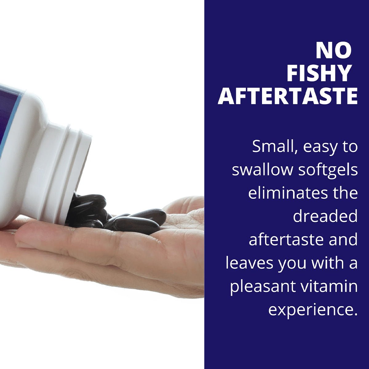 A hand holds an open Heyedrate Omega 3 bottle with dark capsules spilling into the palm. Text reads: No Fishy Aftertaste. These small, easy-to-swallow PRN softgels support eye health and provide a pleasant vitamin experience.
