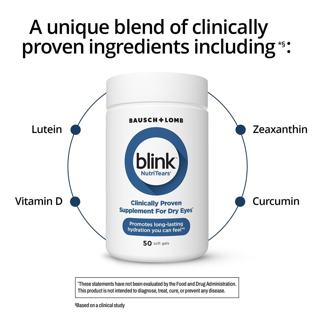 An image of the Blink NutriTears supplement by Bausch + Lomb, featuring ingredients like Lutein, Zeaxanthin, Vitamin D, and Curcumin. This clinically proven product is crafted to boost tear production and hydrate dry eyes (50 Softgels - 2 Mo Supply).