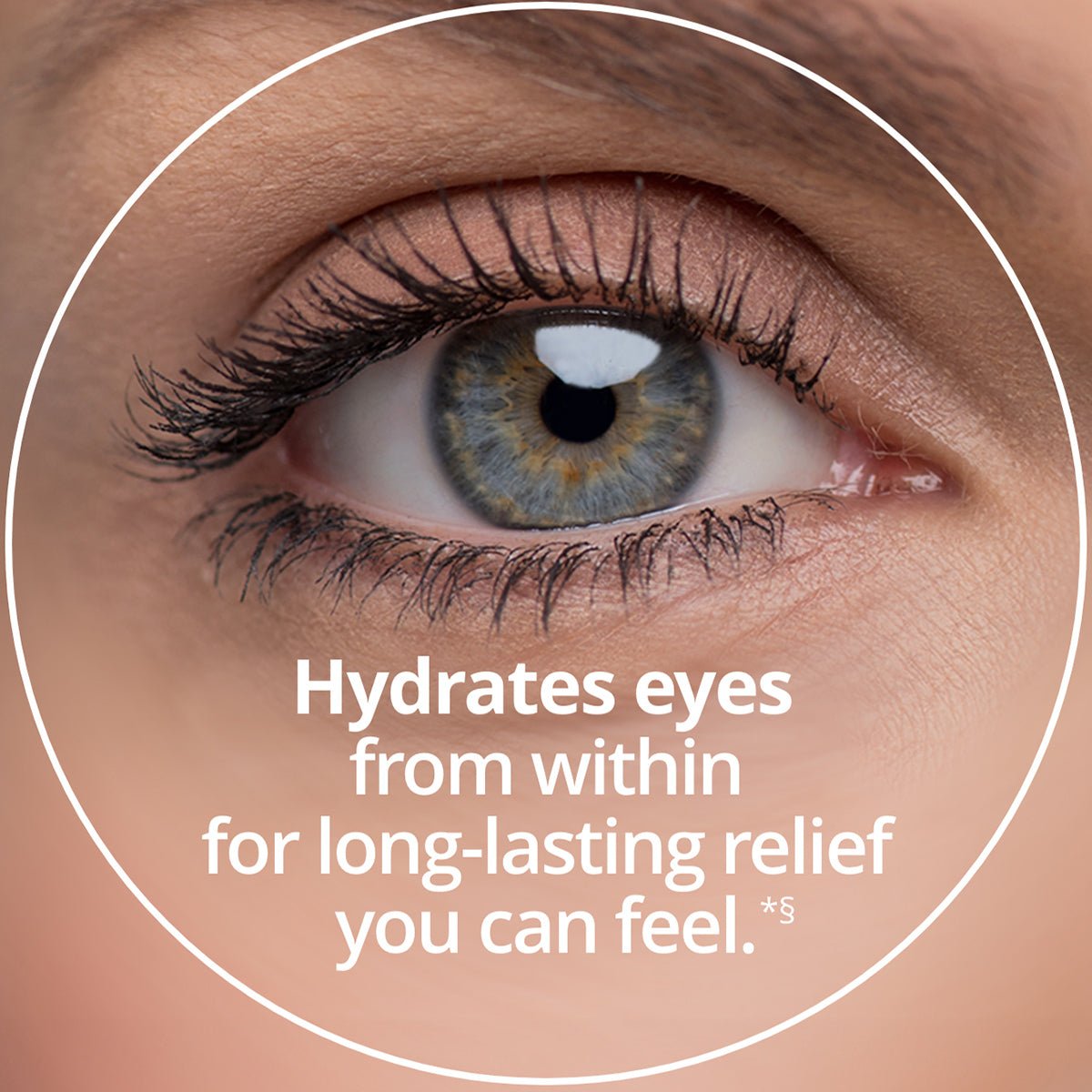 Close-up of an eye with text: Blink NutriTears supplement by Bausch + Lomb hydrates eyes from within for proven, lasting relief. Background shows well-defined lashes and subtly colored eyelid.