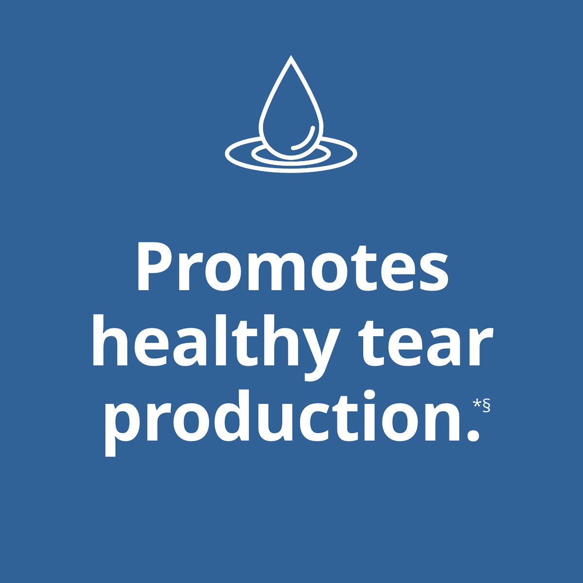 A blue background features a white outline of a water droplet over a circle. Below, the text reads, Clinically proven to promote healthy tear production with Blink NutriTears supplement for Dry Eyes (50 Softgels - 2 Mo Supply) by Bausch + Lomb.