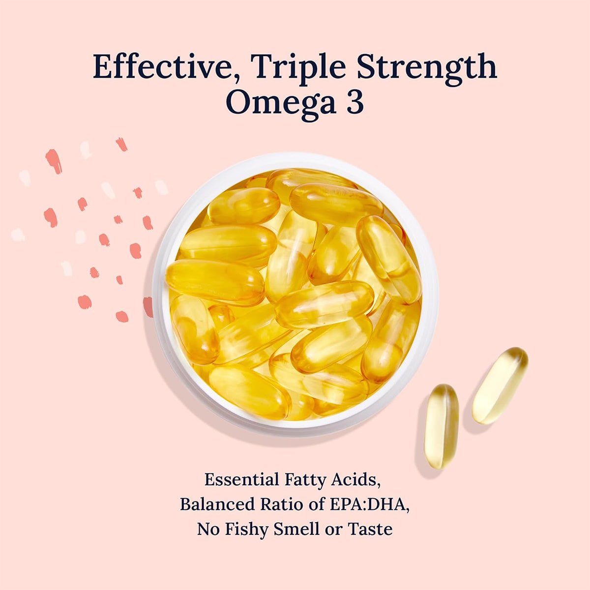 A white bowl filled with yellow CorneaCare Triple Strength Omega 3 Fish Oil capsules rests on a soft pink background. Effective, Triple Strength Omega 3 assures essential fatty acids and dry eye relief without a fishy smell, with a perfectly balanced EPA:DHA ratio for optimal benefits.