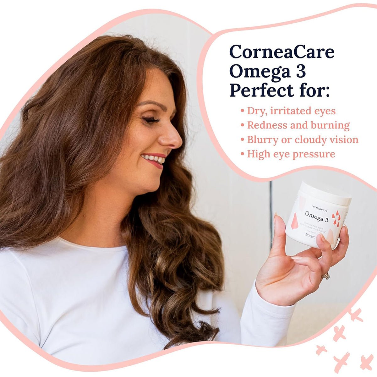 A person with long brown hair smiles, holding a bottle labeled CorneaCare Triple Strength Omega 3 Fish Oil. A text bubble highlights its uses: dry eye relief, redness and burning, blurry vision, and high eye pressure.