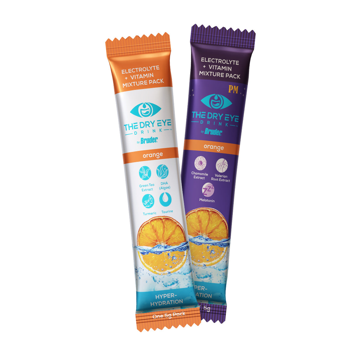Displayed are two packets from Bruders Dry Eye Drink™ Complete Set for daytime and PM eye hydration. The Hyper-Hydration packet is orange and white, while the PM packet is purple, both featuring an orange slice design and water splash graphic to promote eye health.