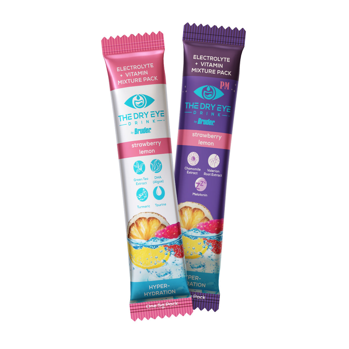 The Bruder Dry Eye Drink™ Complete Set features two colorful packs (20 Strawberry Lemonade packets): a pink design for hyper-hydration and eye health, and a purple PM formula with melatonin and calcium. Both display fruit and water splash graphics.
