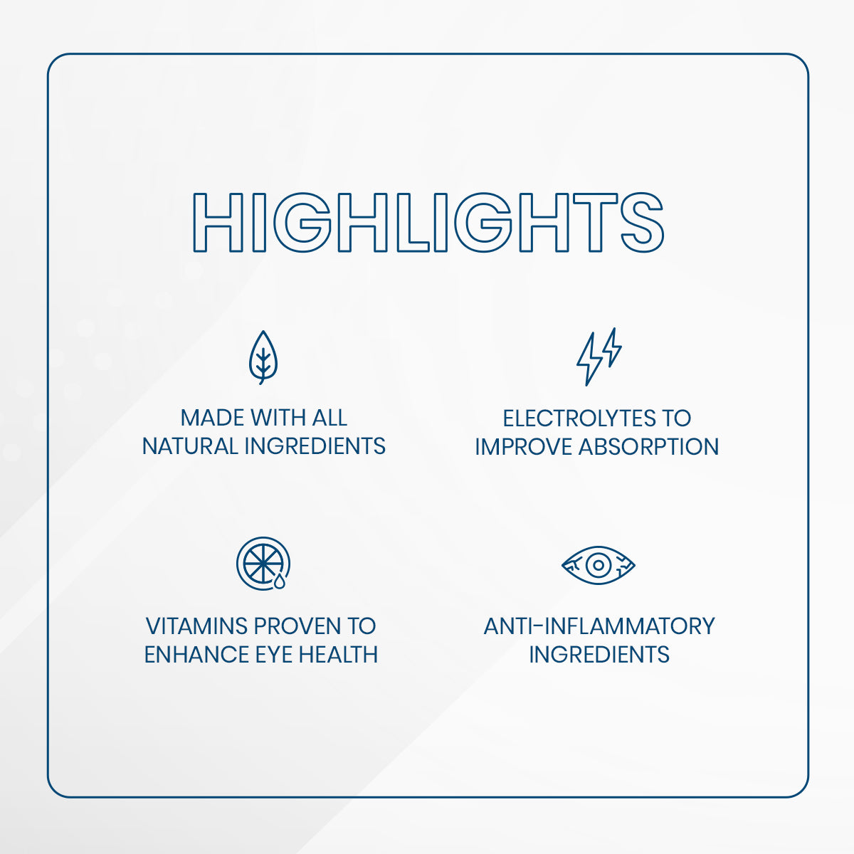 A graphic titled Highlights for Bruders Dry Eye Drink™ Complete Set features natural ingredients (leaf icon), electrolytes for absorption (lightning icon), eye health vitamins and dry eye hydration (eye icon), and anti-inflammatory ingredients to support wellness.