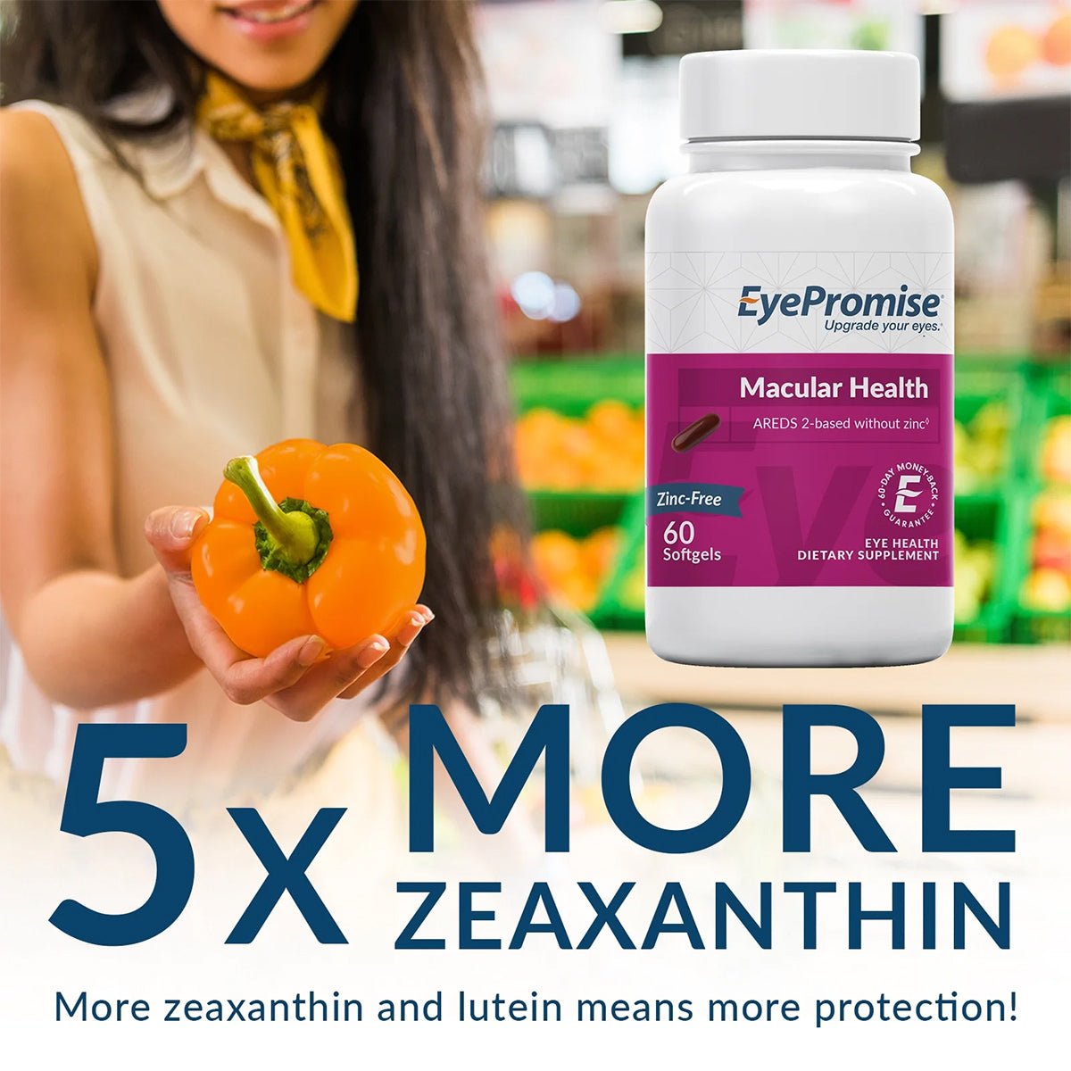 A woman holds an orange bell pepper next to EyePromise® Macular Health, a zinc-free AREDS2-based eye vitamin with Omega-3s and Vitamin D. Featuring 5x More Zeaxanthin, it enhances macular health and protects aging eyes by boosting zeaxanthin and lutein levels.