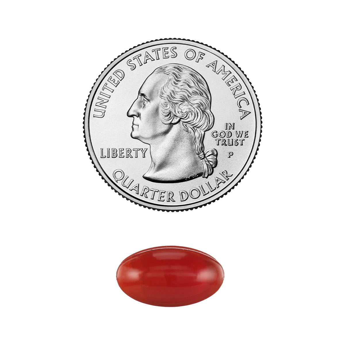 A U.S. quarter featuring George Washington alongside a red oval EyePromise Zeaxanthin + Lutein vitamin softgel, known for supporting eye health.