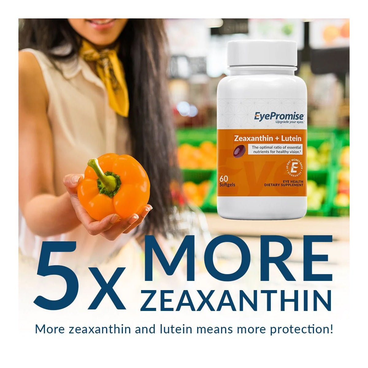In a grocery store, a woman holds an orange bell pepper while EyePromise Zeaxanthin + Lutein Eye Vitamin - 60 Softgels sits prominently in the foreground. The text 5x More Zeaxanthin emphasizes its benefits for enhanced eye health and increased protection.