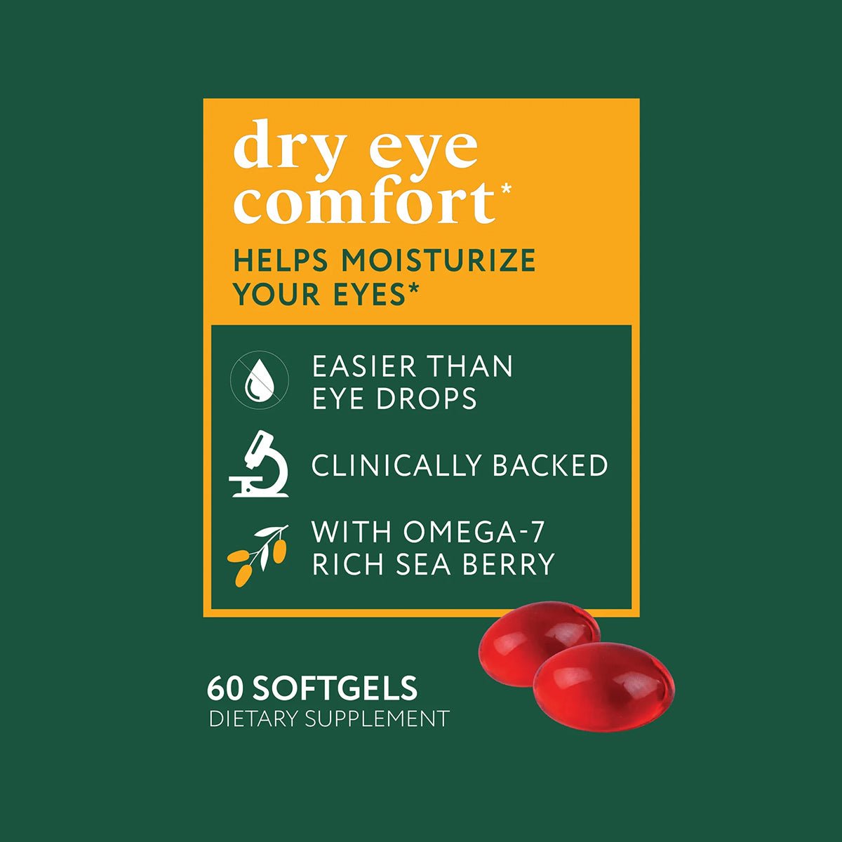 A green label reads: dry eye comfort* Helps Moisturize Your Eyes* Easier than Eye Drops Clinically Backed With Omega-7 Rich Sea Berry. Featuring Eyetamins Dry Eye Comfort supplements, two red softgel capsules are shown.