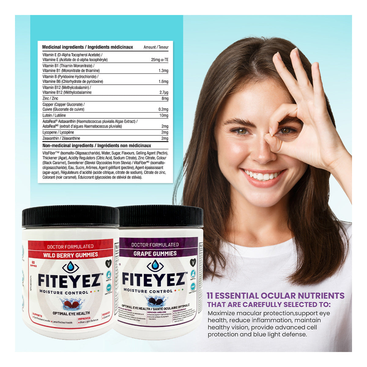 A smiling woman points to her eye next to FitEyez Eye Fitness Gummies in wild berry and grape flavors. Above are details about medicinal ingredients for Dry Eye protection. A tagline emphasizes 11 essential ocular nutrients for optimal eye fitness.