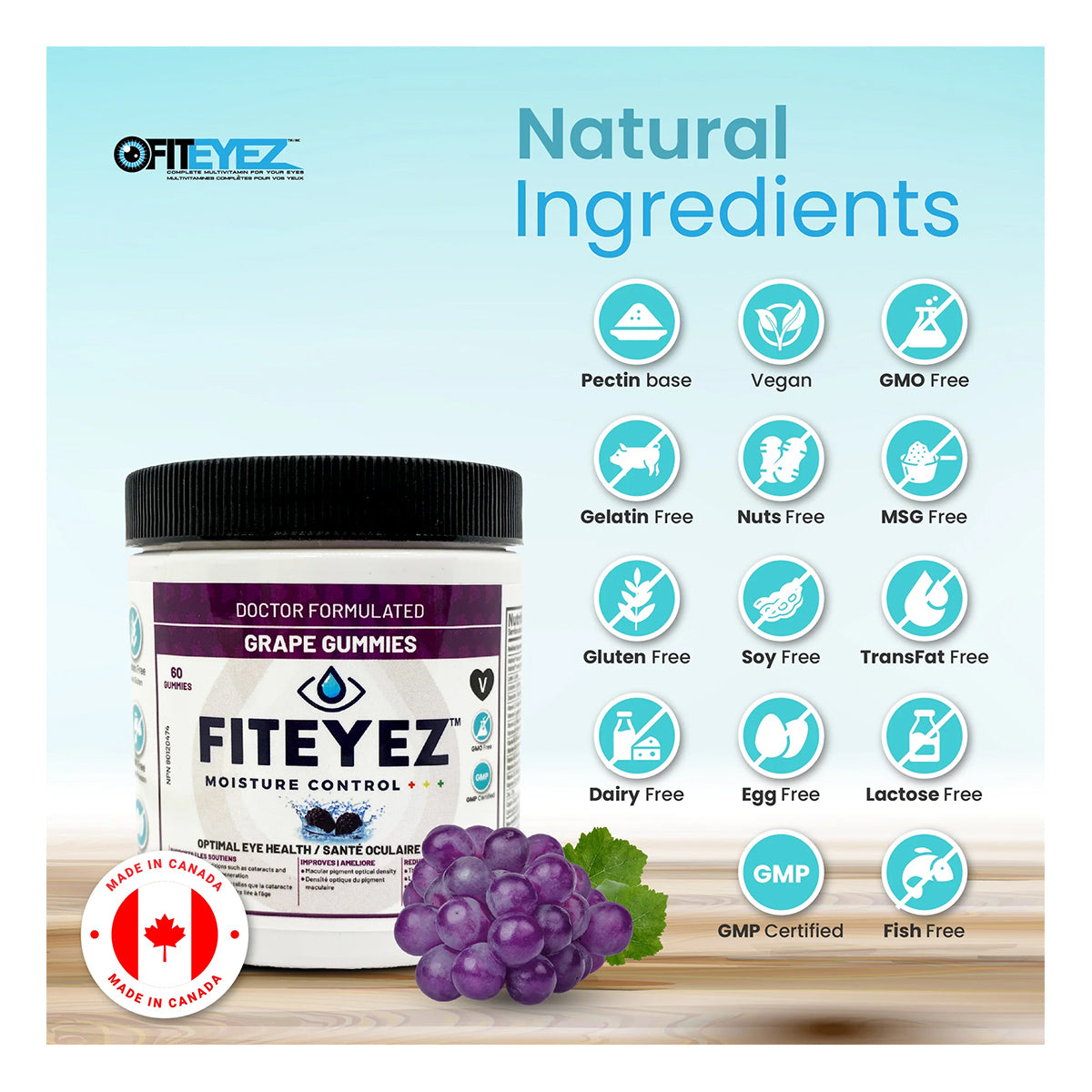 A container of FitEyez, Eye Fitness Gummies (Grape 60ct) highlights its natural ingredients like a pectin base, is vegan, gelatin-free, nut-free, gluten-free, soy-free, and GMO-free. Enhanced with Astareal® Astaxanthin for Dry Eye protection and proudly made in Canada by FitEyez.