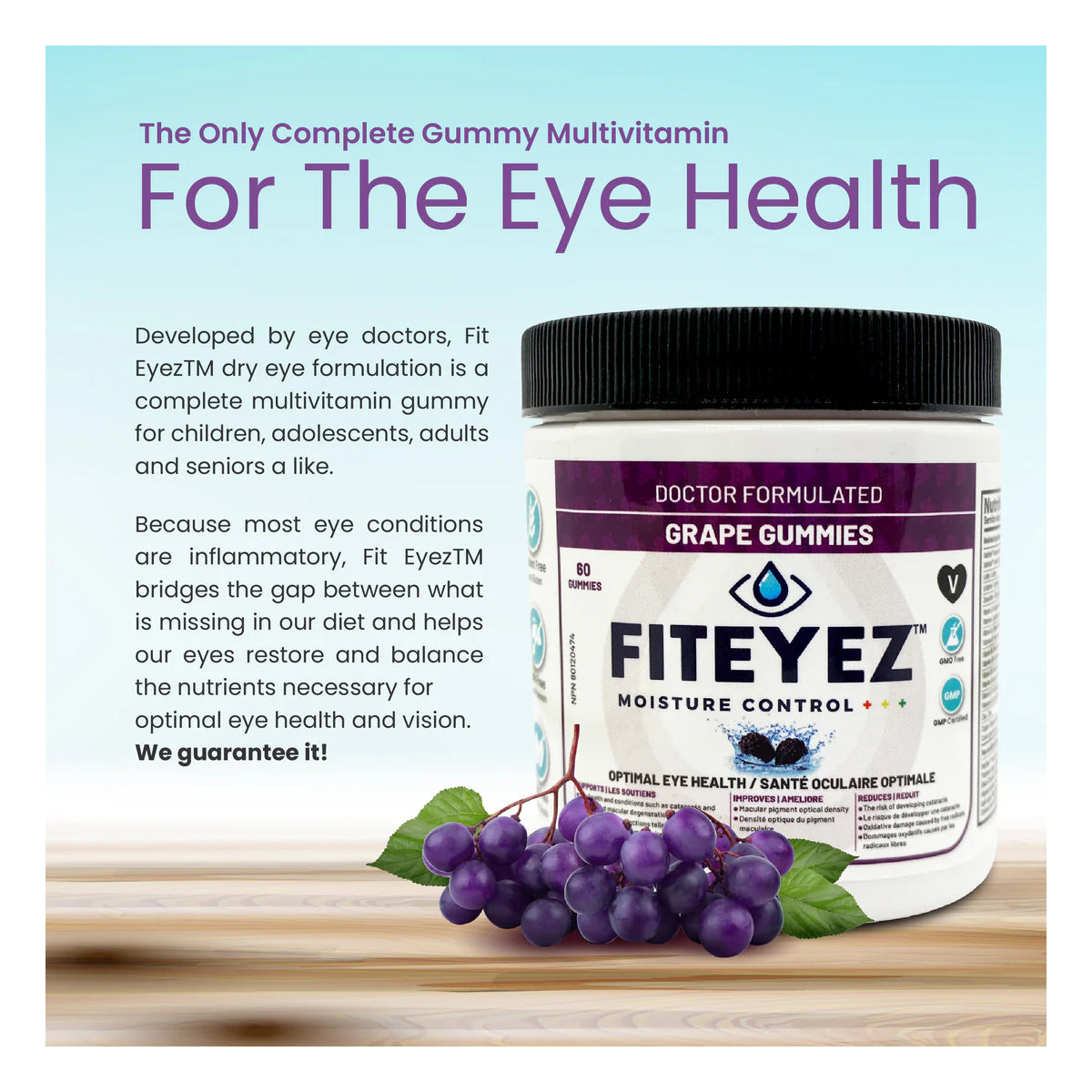 Image of FitEyez Eye Fitness Gummies in grape flavor, a multivitamin for eye health. The label highlights its doctor-formulated and features Astareal® Astaxanthin, benefiting all ages from children to seniors, with fresh grape imagery displayed.