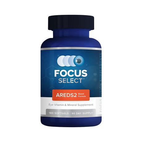 The Focus Select Supplement by Focus Vitamins, a blue bottle featuring an eye graphic and hexagonal design, offers macular health support for 90 days. It contains 180 softgels with an AREDS2 formula as an eye vitamin and mineral supplement to combat Age-Related Macular Degeneration.