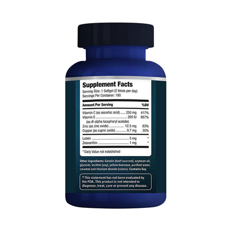 A dark blue bottle labeled with Supplement Facts promotes the Focus Select Supplement by Focus Vitamins, featuring an AREDS2 formula for macular health. It contains Vitamin C, E, Zinc, and Copper. The label advises one softgel twice daily, offering 180 servings to support Age-Related Macular Degeneration.