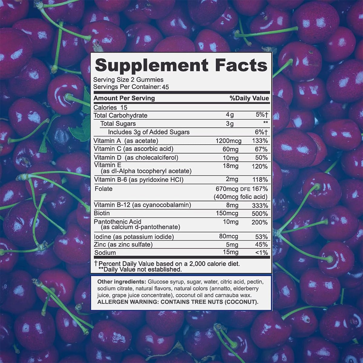 A Focus Vitamins label for Focus Multivitamin Gummies to Support Overall Health Daily Vitamin (90 Ct, 45 Day Supply) featuring vitamins A, C, D, E, B-complex for energy boost, folate, biotin, and zinc is set against red cherries. Note: contains tree nuts.