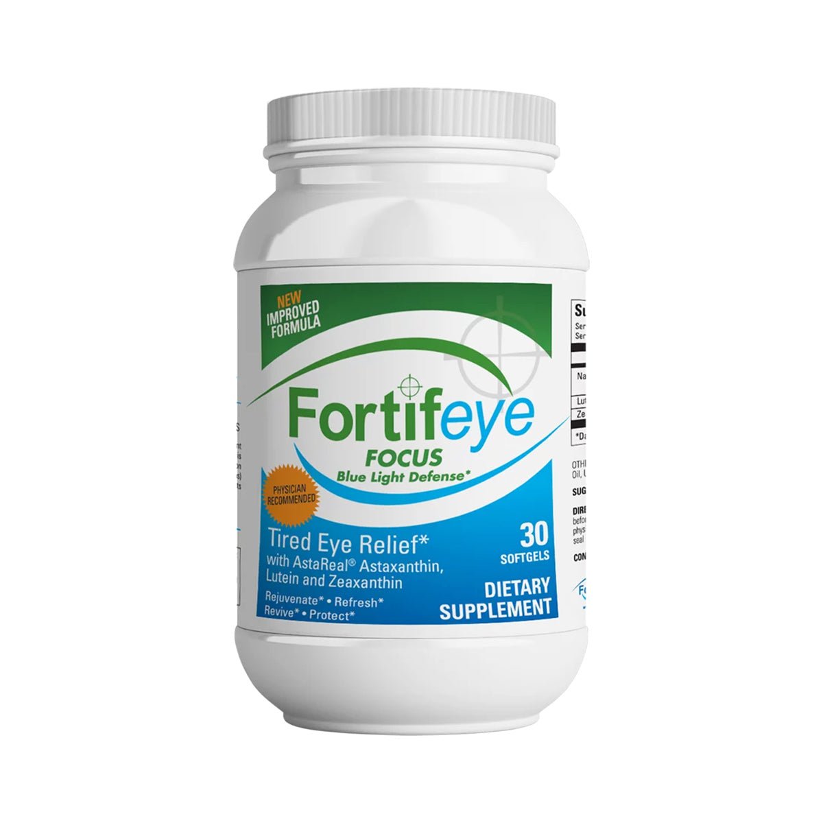 A white bottle features a green and blue label for Fortifeye Focus dietary supplement by Fortifeye. It contains 30 softgels and offers Tired Eye Relief with carotenoids like Astaxanthin, Lutein, and Zeaxanthin for better eye protection. The label emphasizes a NEW IMPROVED FORMULA.