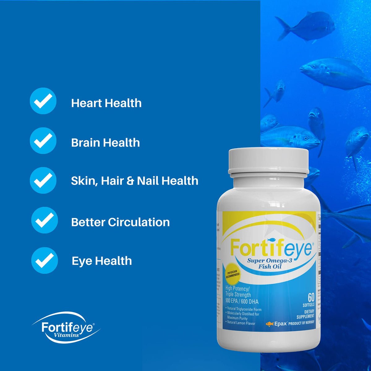 A Fortifeye Super Omega-3 Fish Oil Omegas (60ct bottle) is set against a blue ocean background with fish, displaying benefits: Heart Health, Brain Health, Skin, Hair & Nail Health, Better Circulation, and Eye Health—all highlighted with checkmarks.