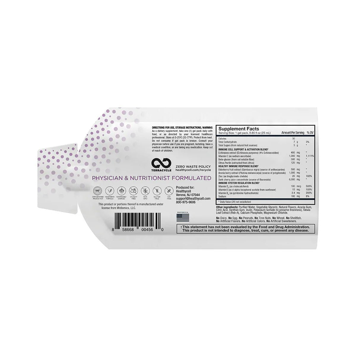 The HealthyCell Immune Support Boost Gel Packs packaging is white with black text detailing supplement facts, directions, storage instructions, and a recycling symbol. The label states Physician & Nutritionist Formulated for Immune System Support, with small purple dots evoking Elderberrys benefits.