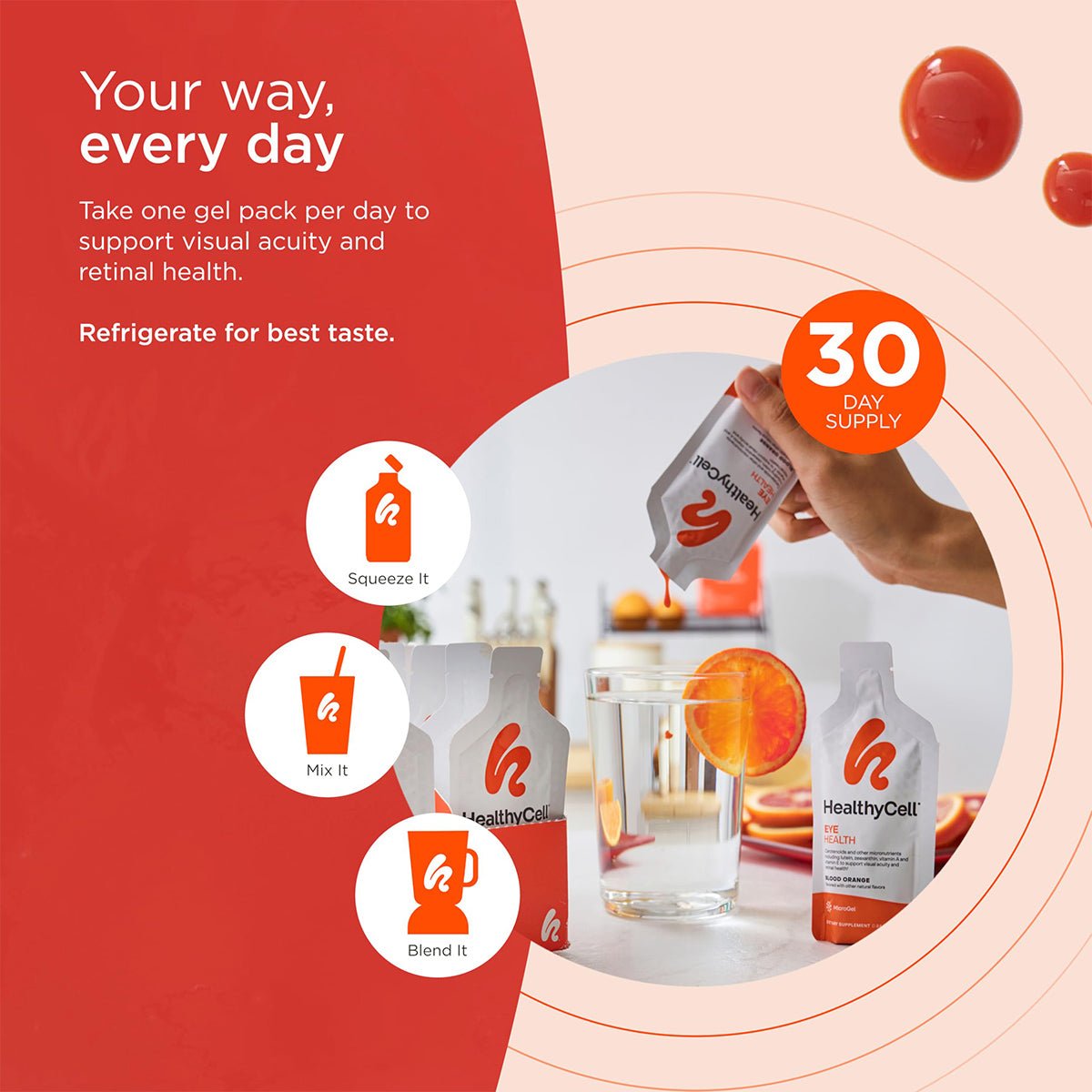 A promotional image for HealthyCell Eye Health, showcasing visual acuity benefits as a hand dispenses antioxidant-rich gel into water. Icons guide you to squeeze, mix, and blend your way to optimal wellness with this Lutein and Zeaxanthin ocular health supplement (30ct) by HealthyCell.