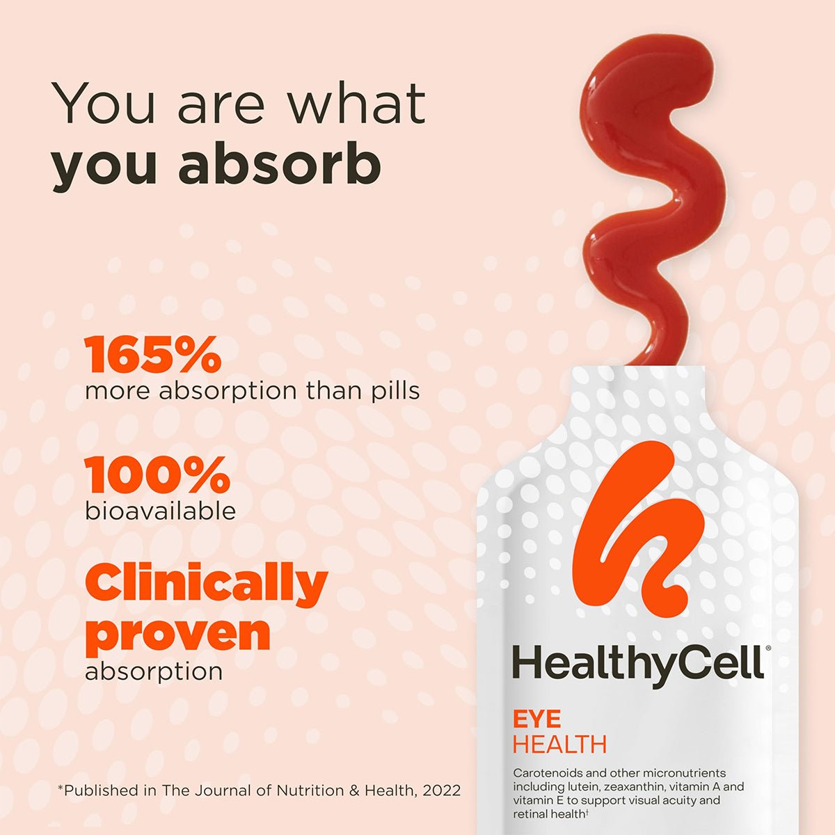 The HealthyCell Eye Health - Lutein and Zeaxanthin Supplement, with eye vitamins for ocular health, offers 165% more absorption than pills and is 100% bioavailable. Clinically proven benefits include enhanced visual acuity with antioxidants in a subtly patterned light background pack.