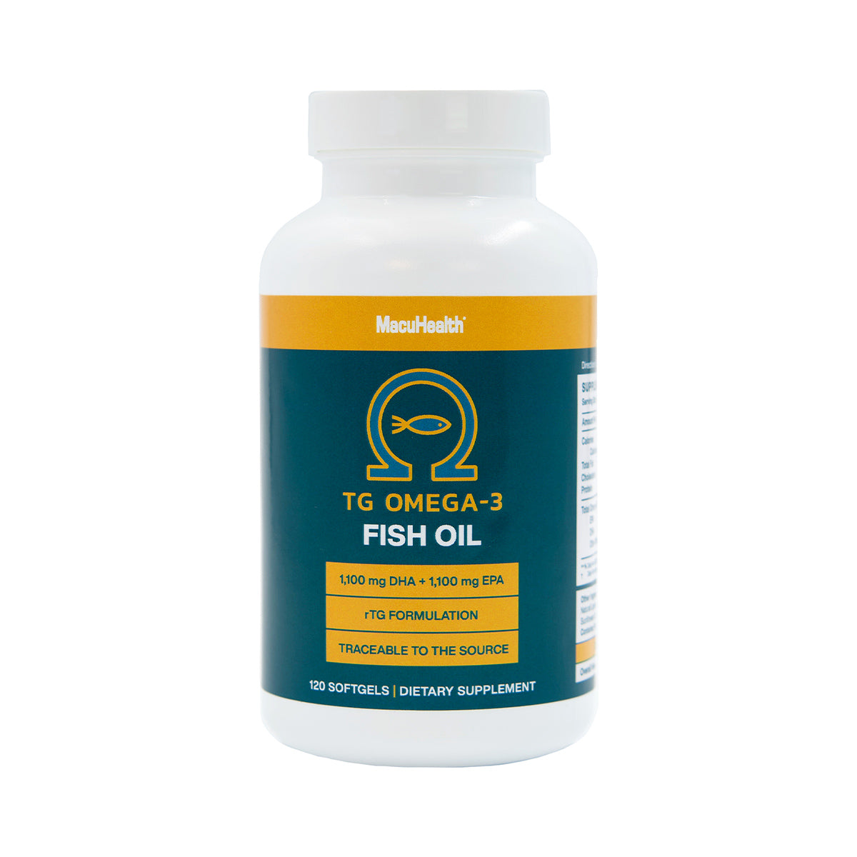 A white bottle of MacuHealth Omega 3 Fish Oil features a blue label with 1,000 mg DHA and 1,100 mg EPA. The TG Formulation is in re-esterified triglyceride form, traceable to sustainable sources. It contains 120 softgels, providing a dietary supplement for a 30-60 day supply.