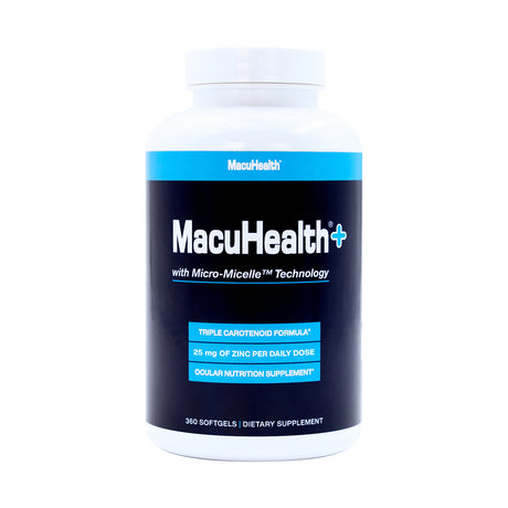 The MacuHealth Plus+ Eye Supplement for Adults features Micro-Micelle Technology in a white bottle. Its triple carotenoid formula and 25 mg of zinc per daily dose support macular health, with 360 softgels inspired by AREDS2 research for superior ocular nutrition. Includes free 2-day shipping.