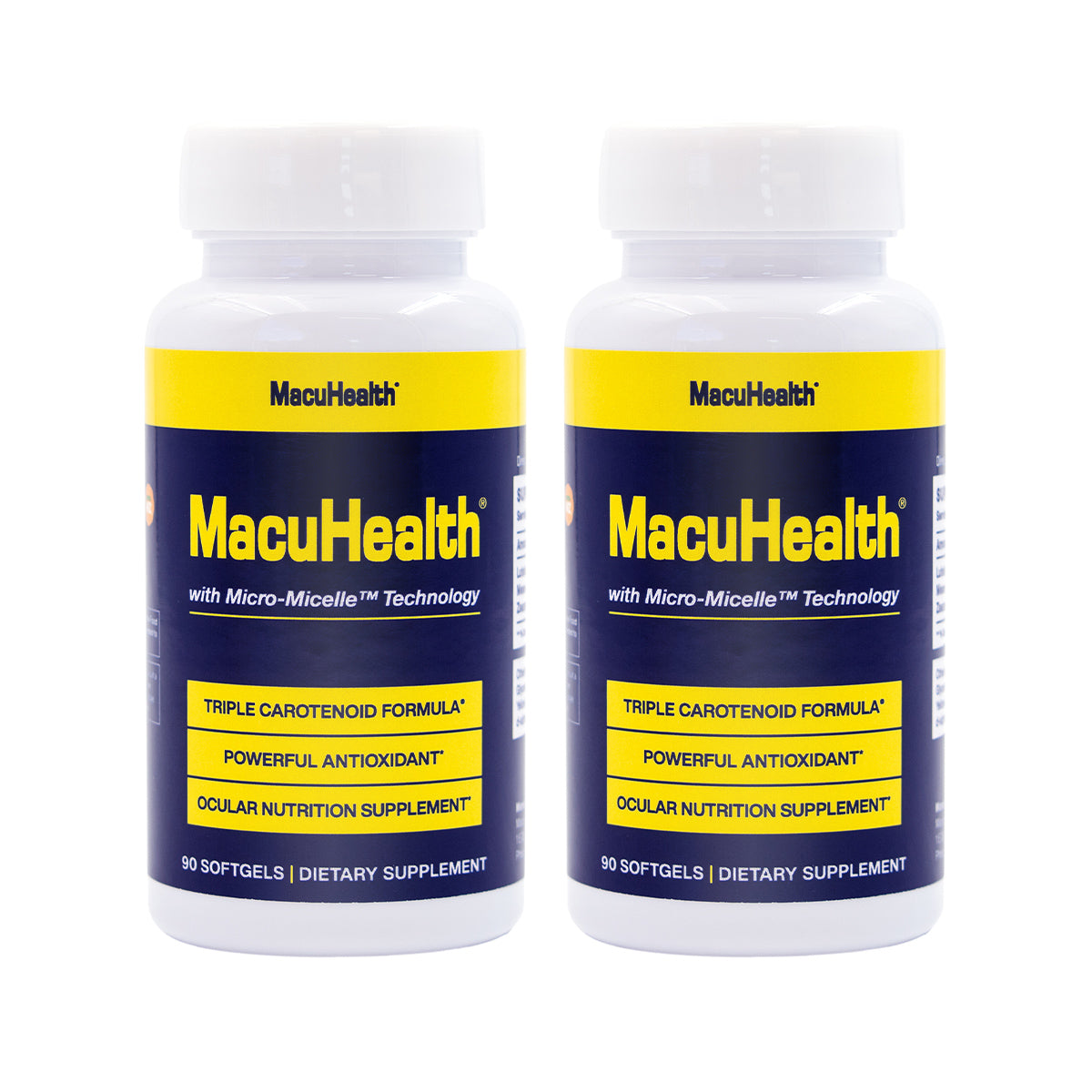 Two bottles of MacuHealth 2-pack Triple Carotenoid Formula, a powerful antioxidant ocular nutrition supplement, are displayed. This eye vitamin is packed to boost macular pigment with a total of 180 softgels for a 6-month supply.