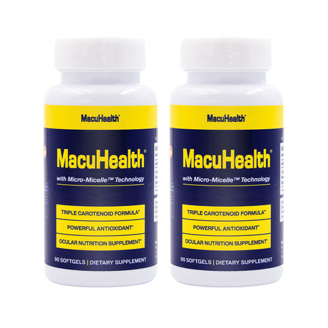 Two bottles of MacuHealth 2-pack Triple Carotenoid Formula, a powerful antioxidant ocular nutrition supplement, are displayed. This eye vitamin is packed to boost macular pigment with a total of 180 softgels for a 6-month supply.