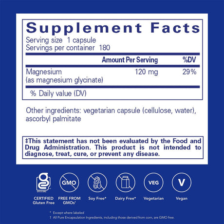 The Pure Encapsulations Magnesium (Glycinate) supplement features 120 mg per serving (29% DV) to support neuromuscular balance. Its label, on a blue background, lists a vegetarian capsule, cellulose, and ascorbyl palmitate. Gluten-free and vegan icons are also included.
