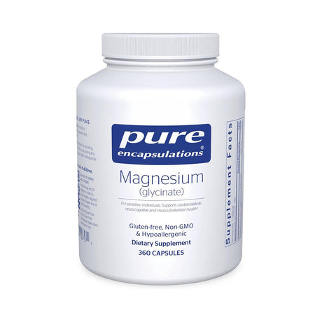 Pure Encapsulations Magnesium (Glycinate) 360ct is a gluten-free, non-GMO, hypoallergenic supplement supporting wellness and eye health. The white bottle includes supplement facts.