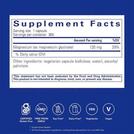 This image displays the supplement facts label for Pure Encapsulations Magnesium (Glycinate), supporting eye health with 120 mg per capsule. The 360-capsule, gluten-free, GMO-free, soy-free, dairy-free, vegetarian, and vegan product includes an FDA disclaimer.