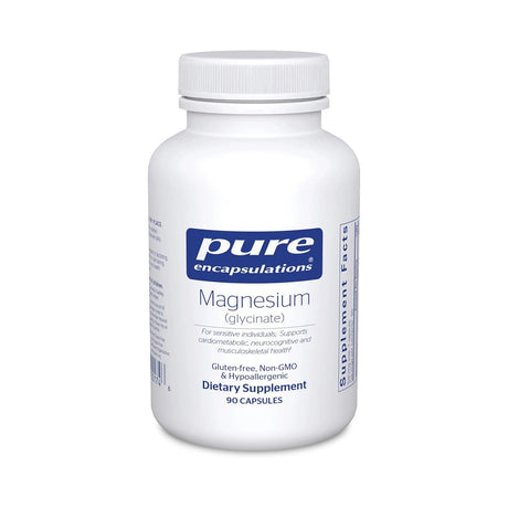 The Pure Encapsulations Magnesium (Glycinate) 90ct bottle promotes cardiovascular and musculoskeletal health. Its gluten-free, non-GMO, hypoallergenic, and contains 90 capsules for ideal absorption.