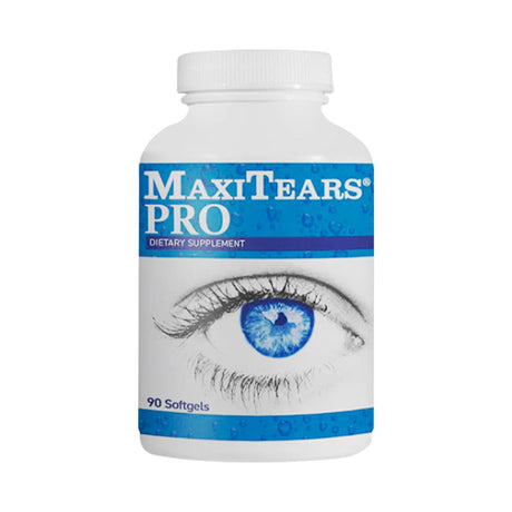 A white bottle labeled MaxiTears PRO Eye Formula from Lunovus, featuring a blue and gray design with an eye showcasing a blue iris, offers dry eye relief. It is packed with Omega-3 fatty acids and contains 120 softgels for a 1-month supply.
