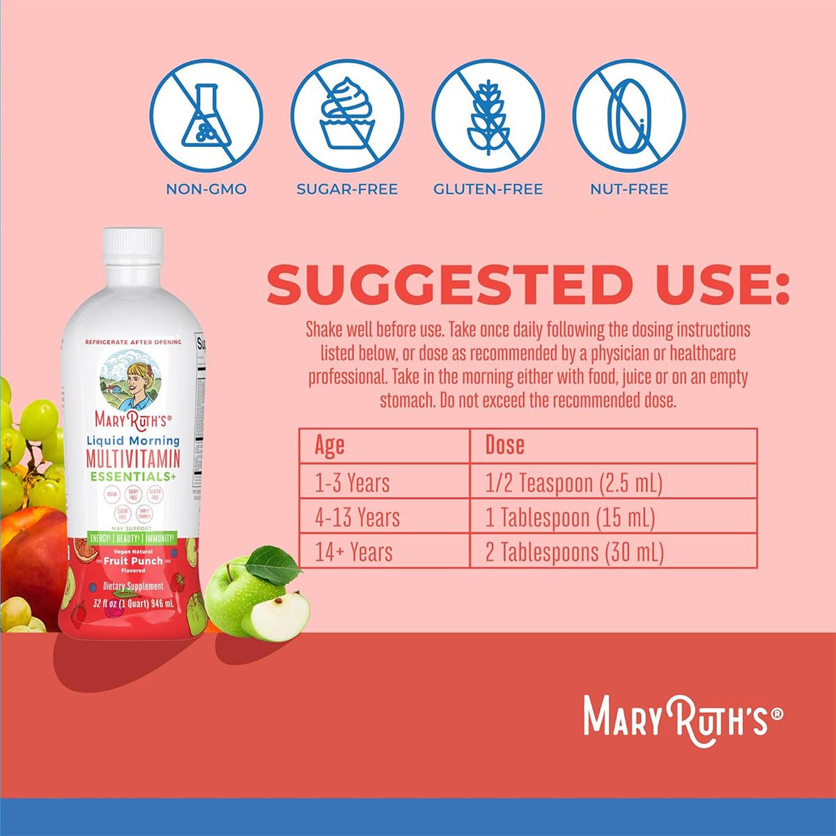 Mary Ruth's Liquid Morning Multivitamin Essentials+ - Fruit Punch (32 oz) - Dryeye Rescue