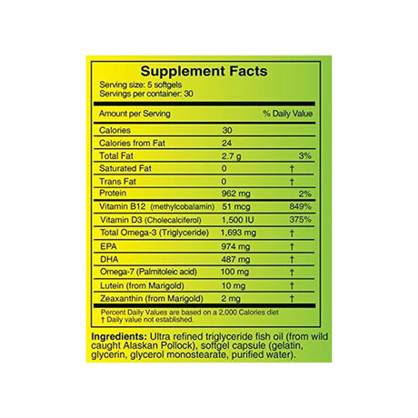Image of the OcuSci Ultra Omega Support 2-Month Supply supplement facts label, detailing nutritional info per serving of 5 softgels, including calories, fats, proteins, vitamin D3. Highlights omega-3 triglyceride and omega-7 fatty acids with the ingredient list at the bottom.