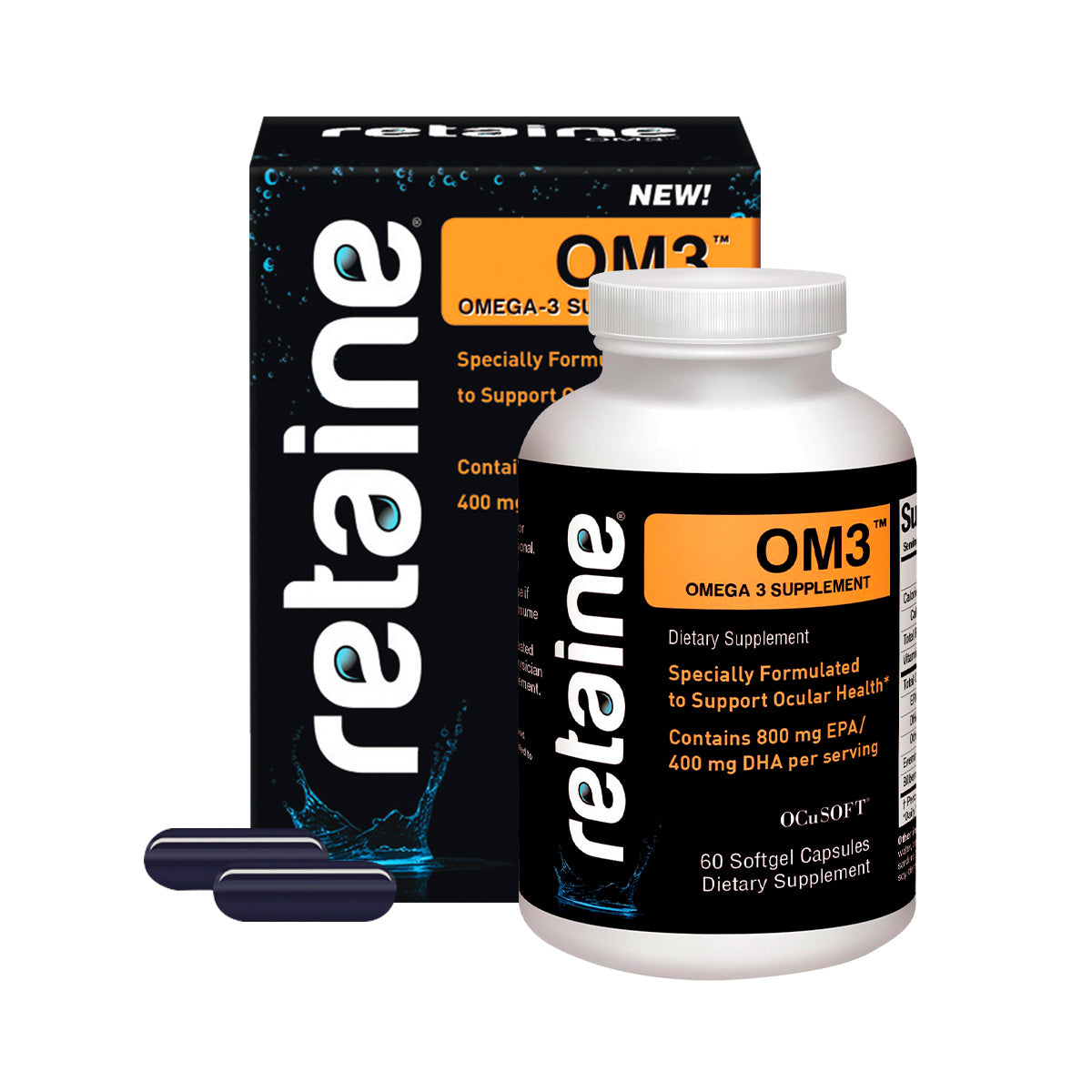 The Ocusoft Retaine OM3 Nutritional Supplement by OCuSOFT, shown in a bottle and box, is labeled as an Omega-3 fatty acids blend for visual wellness. Each serving features 800 mg EPA & DHA. Two dark softgel capsules are displayed beside the product to emphasize its ocular health benefits.