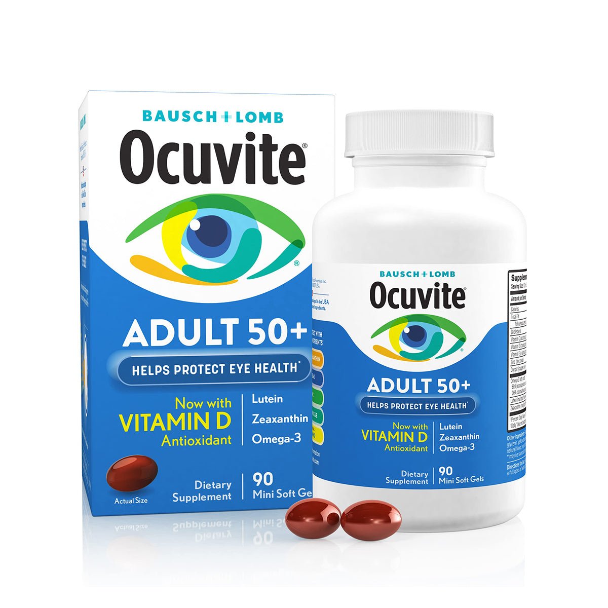 The Bausch + Lomb Ocuvite Eye Vitamin & Mineral Supplement packaging features a vibrant eye design, highlighting its benefits for eye health with key ingredients like Zinc, Vitamins C and E, Lutein, Zeaxanthin, and Omega-3. It includes 90 softgels suitable for adults 50+.