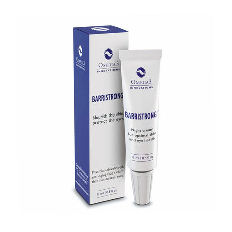 The Omega 3 Innovations Barristrong Skin Cream for Sensitive Eyes and Irritated Eyelids, cold shipped in a 15 ml tube with box, contains an anti-aging formula enriched with Omega-3s to nourish, hydrate, and protect dry skin and eyes for a rejuvenated, youthful appearance.