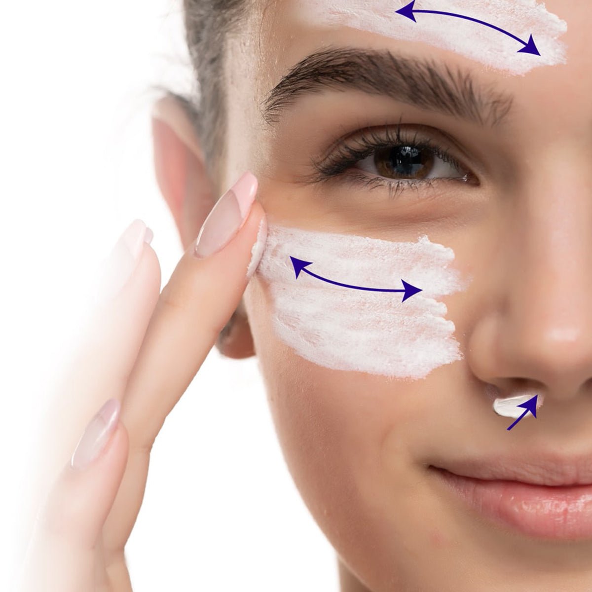 A close-up shows someone applying Barristrong Skin Cream for Sensitive Eyes and Irritated Eyelids by Omega 3 Innovations, which hydrates dry skin on the forehead, cheek, and above the lip. Blue arrows guide application while a visible eye and touch on the cheek underscore its soothing effect.