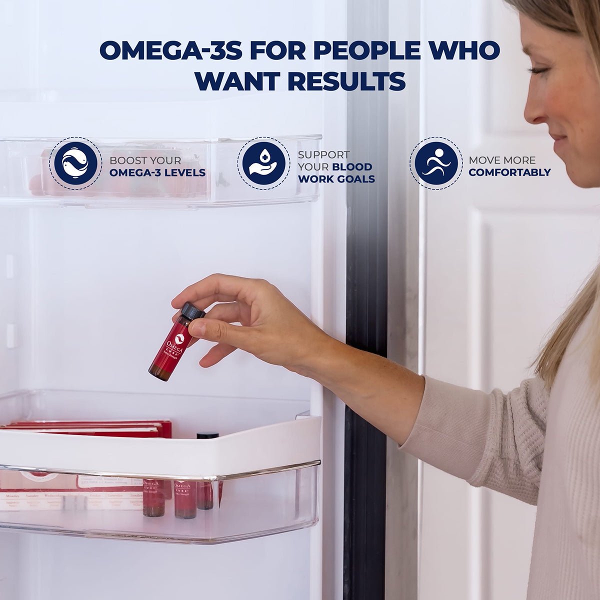 Someone puts a small bottle of Omega Cure Extra Strength Fresh Liquid Omega by Omega 3 Innovations in a fridge. Above, it reads: Omega-3s for people who want results, with icons and phrases like Boost your EPA/DHA levels, Support your blood work goals, and Move more comfortably.