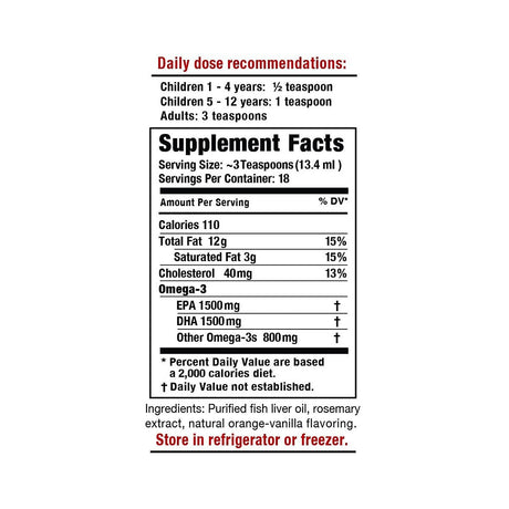 A supplement facts label for Omega Cure Omega 3 Fish Oil by Omega 3 Innovations highlights a non-fishy taste, dosage for kids and adults, caloric and fat content. It advises storing the 8.5 oz (250mL) bottle in a refrigerator or freezer.
