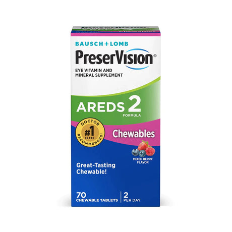 The image shows a box of Bausch + Lombs PreserVision AREDS 2 Chewable Eye Vitamin & Mineral Supplement. Its designed for eye health support in Age-related Macular Degeneration, with a Doctor Recommended seal and Great-Tasting Chewable! text, containing 60 mixed berry flavor tablets.