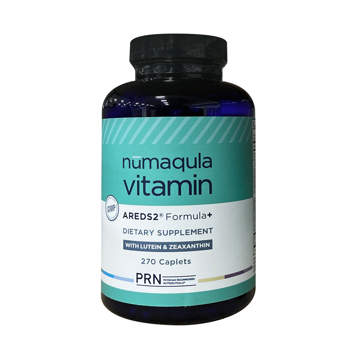 A blue bottle of PRN nūmaqula Vitamin (270ct) by Physician Recommended Nutriceuticals features an AREDS2-based formula with lutein and zeaxanthin for enhanced macular support, with a teal and white label.